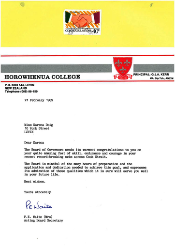 Horowhenua College letter of congratulation to Karena Doig - Resource cover image
