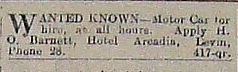1916 06 May Motor Car for Hire, Hotel Arcadia, Levin - Resource cover image