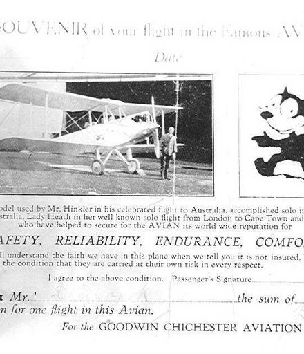 Souvenir air ticket of flight in Avro-Avian, 1929