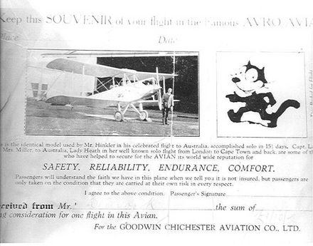 Souvenir air ticket of flight in Avro-Avian, 1929