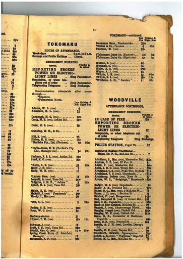 Manawatu 1945 Telephone Directory Tokomaru page 91