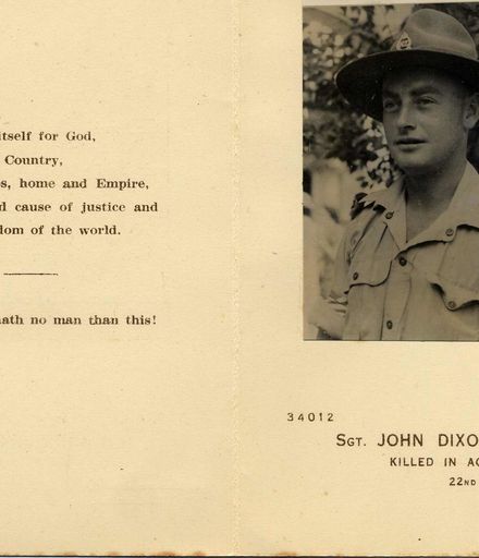 Sgt. John Dixon, Bereavement Card, 1942