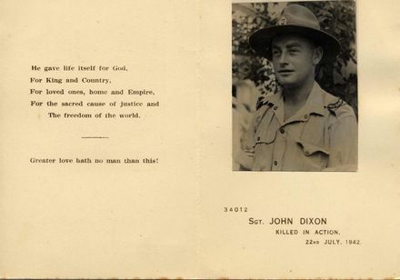 Sgt. John Dixon, Bereavement Card, 1942