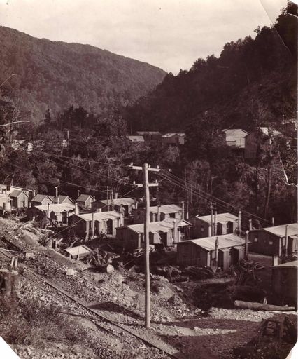 Accommodation huts at No.1 Dam, Mangahao, 1920's