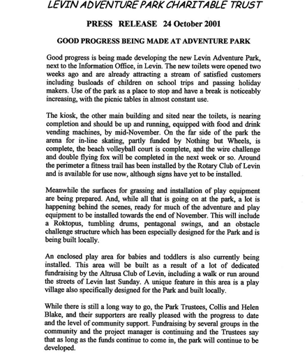 Levin Adventure Park Press Release 24 October 2001