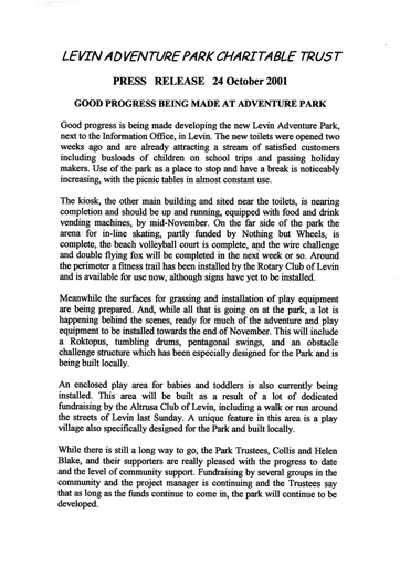 Levin Adventure Park Press Release 24 October 2001