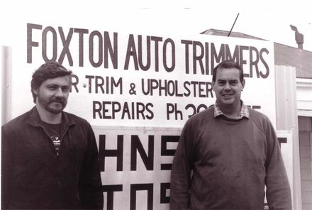 Mr Calder and Unidentified Man Outside Foxton Auto Trimmers, 1980's-90's