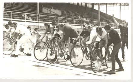 Cyclists (unidentified) about to start race on cycle track