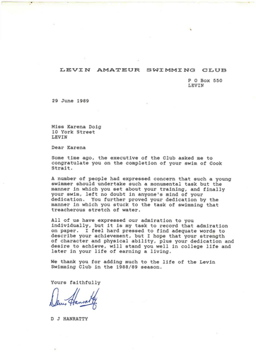 Karena Doig - Levin Amateur Swimming Club letter - Resource cover image