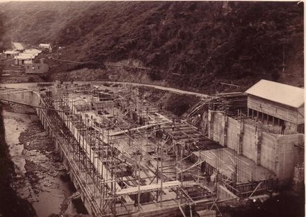 View of tail-race and Powerhouse under construction, early 1920's