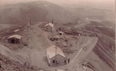 Buildings and spoil dump from Surge Chamber and Tunnel, early 1920's
