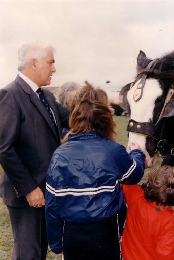 Flax walk opening - Sir Paul Reeves and tram horse, 1990