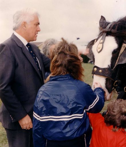 Flax walk opening - Sir Paul Reeves and tram horse, 1990