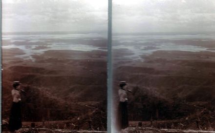 Mrs Hallam views the extensive area of flooding from top of Buckley Heights, Shannon, 1900
