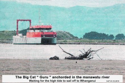 Big Cat Guru waiting in the Manawatu river for high tide to sale to Whanganui