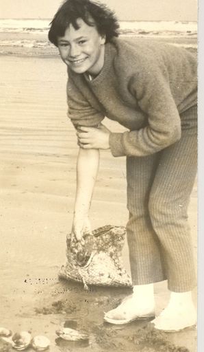 Jill Sciascia digging for Toheroa, Waitarere Beach, 1969