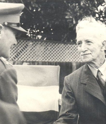 Governor General Sir Bernard Freyberg shakes hands with Mr Lett