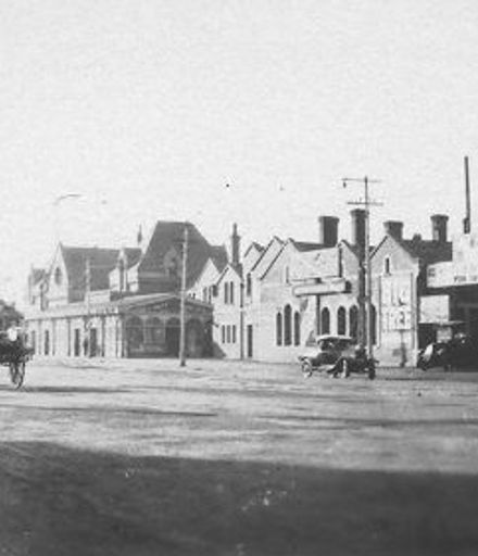 Christchurch railway station viewed from other end of street, 1927 or 1928