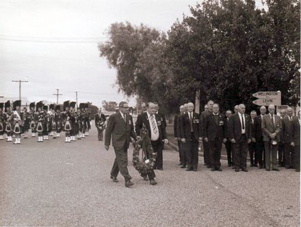 Allan McCready (M.P.) and Henry Beatson about to lay wreath, Anzac Day mid 1970's