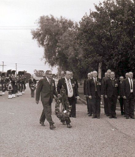Allan McCready (M.P.) and Henry Beatson about to lay wreath, Anzac Day mid 1970's