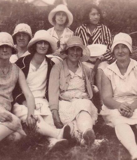 Group of seven women at Foxton Beach, c.1930