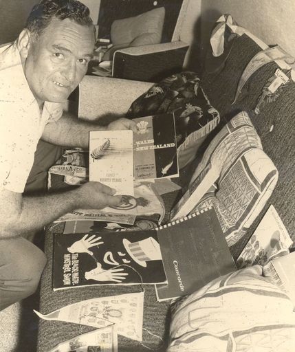 Mr Carkeek & souvenirs of trip, All Black's supporter, 1968