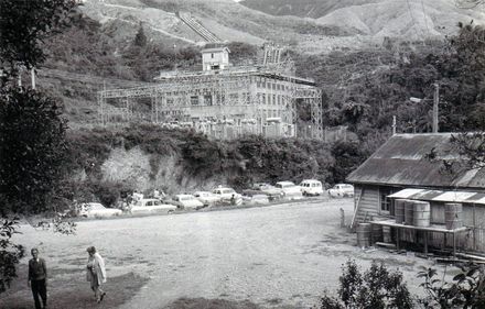 Mangaore Powerhouse with vehicles on roadside downstream, c.1973