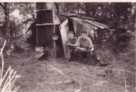 Jim & Fred Kilmister hunting in Tokomaru Valley at J. Burton's hut, 1940s or 50s