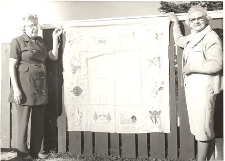 Mrs Kirkman & Mrs Stanley, with tablecloth, 1973