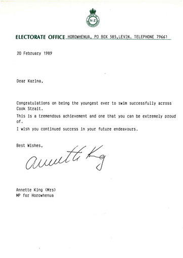 Annette King MP for Horowhenua Congratullation letter to Karena Doig - Resource cover image