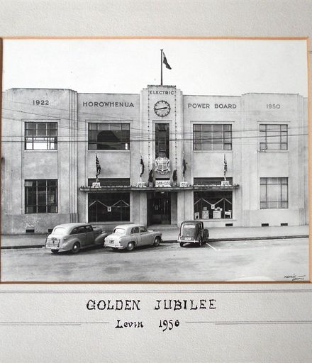 H.E.P.B. building decorated for Golden Jubilee, 1906 - 1956