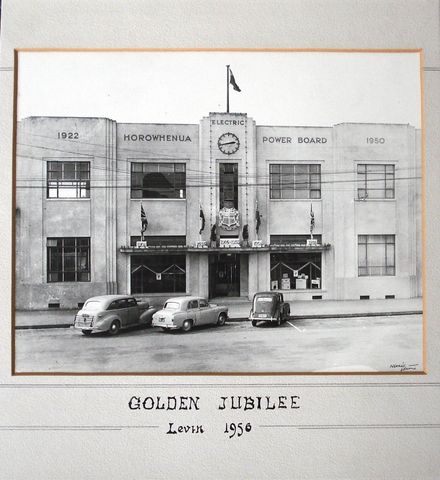 H.E.P.B. building decorated for Golden Jubilee, 1906 - 1956