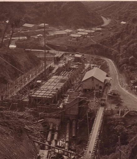 Powerhouse and penstock pipes under construction, early 1920's