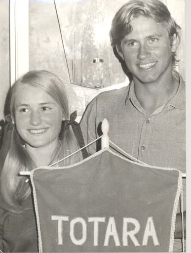 Students (unidentified girl & boy) with "house" banner - Totara