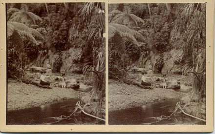 Picnic scene - 2 women (unidentified) sitting beside river, Mangaore, 1907