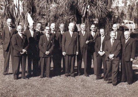 Councillors (past & present) at retirement farewell for John Bovis, 1958
