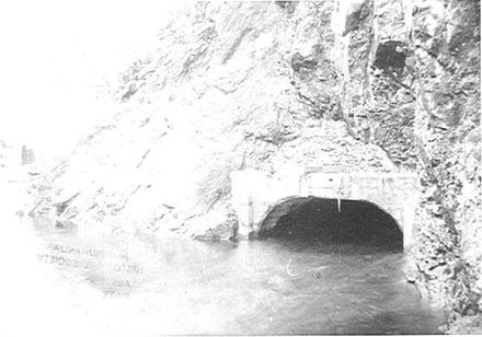 Exit of by-pass tunnel, Mangahao Dam, 1920's