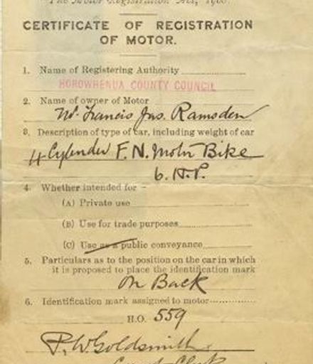 RAMSDEN Certificate of Motor Registration