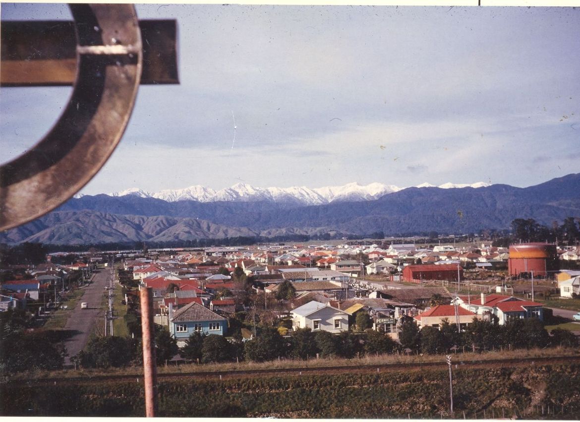 View from steeple of St Andrews Presbyterian Church, Levin, 1981