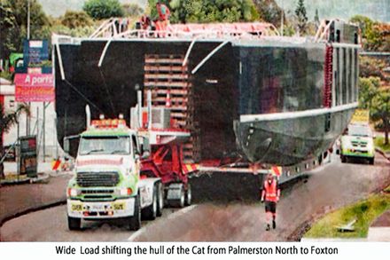 Shifting The hull of the Big Cat from Palmerston North to Foxton Beach