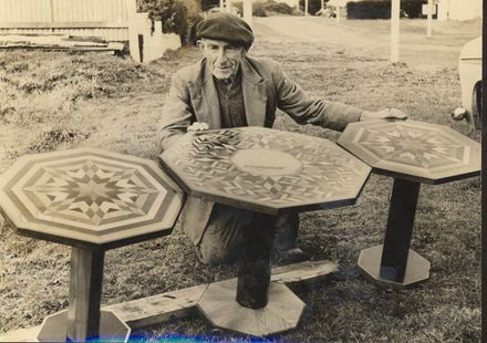 Mr De Vantier & wood inlaid tables, Waitarere, 1969