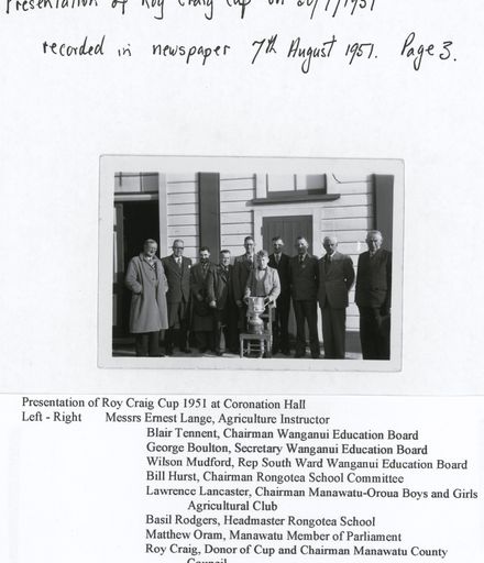 Presentation of Roy Craig Cup, c. 1951