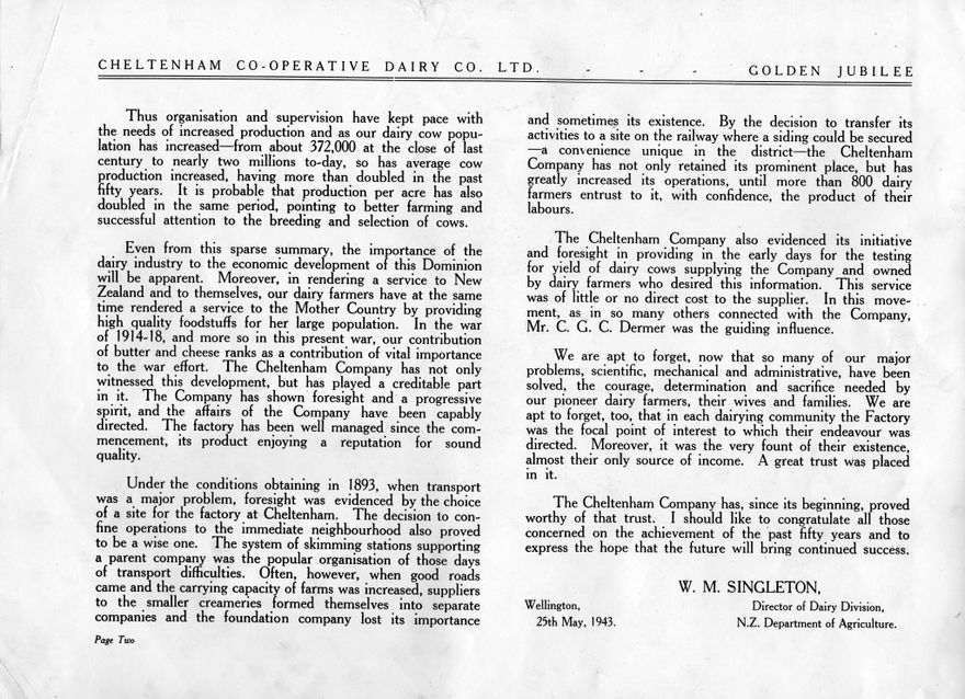 Page 5: Golden Jubilee 1893-1943  Cheltenham Co-operative Dairy Co. Ltd