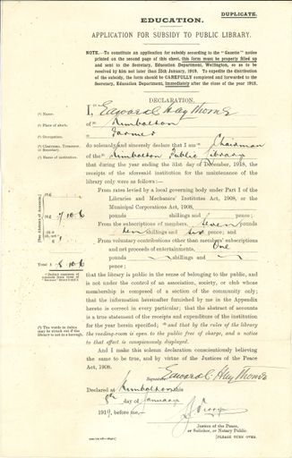 Application for Subsidy to Public Library, c. 1919