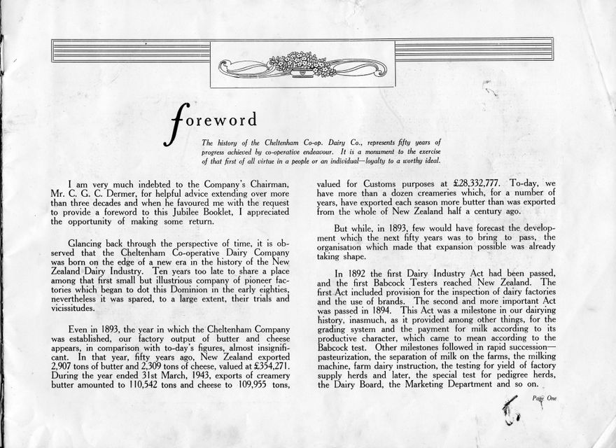 Page 4: Golden Jubilee 1893-1943  Cheltenham Co-operative Dairy Co. Ltd