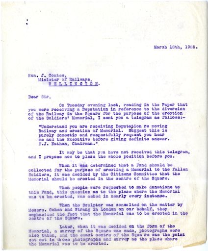 Letter from Mayor F. Nathan to Hon. J. Coates regarding relocation of railway for Soldiers’ Memorial in The Square, 12 March 1925 - Resource cover image