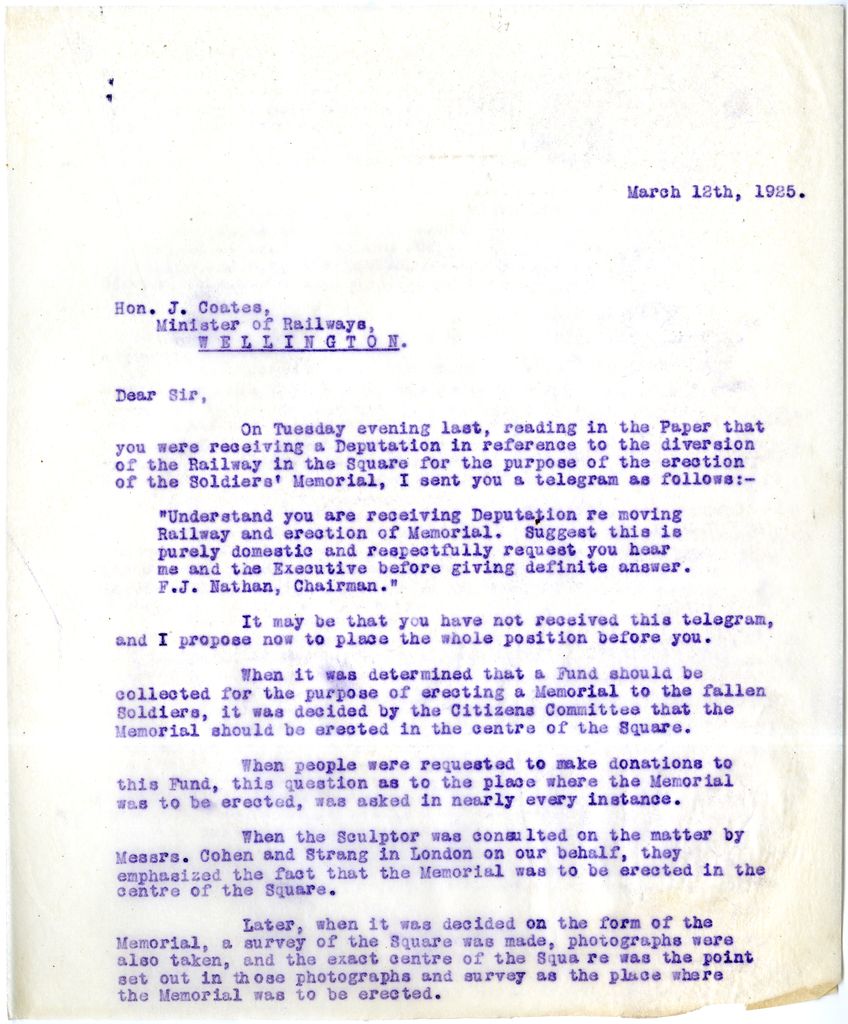Letter from Mayor F. Nathan to Hon. J. Coates regarding relocation of railway for Soldiers’ Memorial in The Square, 12 March 1925
