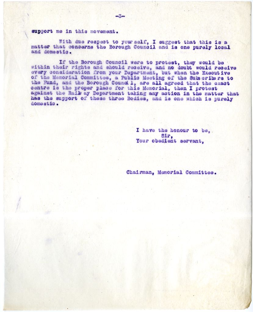 Letter from Mayor F. Nathan to Hon. J. Coates regarding relocation of railway for Soldiers’ Memorial in The Square, 12 March 1925
