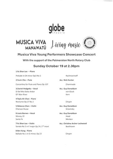Musica Viva Manawatū Young Performers Showcase Concert programme, 19 October 2025 - Resource cover image