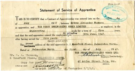 Statement of Service of Apprentice - Sydney Alexander Thomson